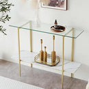 Glass Console Table for Living Room, Foyer & Entrance, 2-Tiers Mid-Century Modern Sofa Table with Clear Glass Top, White Marble Finish Wood Shelf and Gold Finish Frame by CozyNest Decor