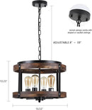 4-Light Large Rustic Farmhouse Wood Pendant Light Fixture with Adjustable Chain, 16.5 inch Oak Wood Drum Chandelier for Dining Room Kitchen Island Farmhouse Living Room Hallway, Black by CozyNest Decor