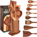 Wooden Spoons for Cooking Set of 10 - Cooking Utensils with Spoon Rest & Holder – Comfortable Grip & Easy to Clean - Wooden Spoon Set for Kitchen with four Hanging Hooks by CozyNest Decor