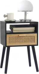 MaxSmeo End Table with Storage Mid Century Nightstand with Rattan Drawer and Shelf, Wood Small Side Coffee Table for Small Space, Living Room and Bedroom, Easy Assembly (Black) by CozyNest Decor