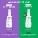 BU SPF 50 Kids Sunscreen Spray for Face and Body, Non Aerosol Spray, TSA Travel Size Sunscreen, Clear, Non Greasy, Water Resistant, Oil Free, Fragrance Free 1 oz by TinyTreasures Baby Boutique