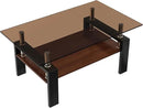 39" Brown Glass Coffee Table Walnut Modern Living Room Center Table Rectangle, with Wooden MDF Storage Layer, Black Metal Leg, for Small Apartment and Office, Brown by CozyNest Decor