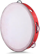 Flexzion Wooden Round Tambourine for Kids and Adults 10" Inch Single Row 8 Pair Jingles, Red Handheld Percussion Instrument for Beginner and Professional Tambourine Player by TinyTreasures Baby Boutique