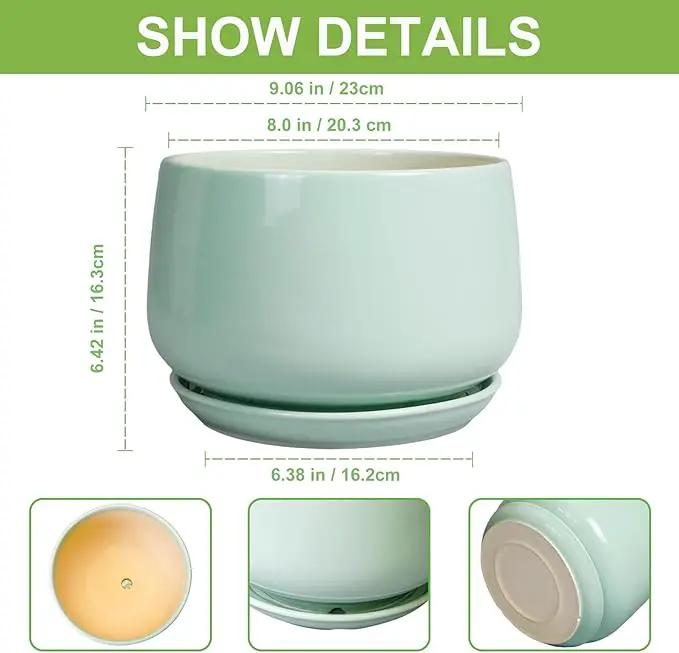 G EPGardening Ceramic Pots for Plants - 9 Inch Ceramic Planter with Drainage and Saucer, Round Planter for Indoor Outdoor Plants, Modern Flower Pots, Garden Decor, Birthday Gifts, Green, photo 3 of 8