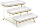 MALACASA 3 Tier Serving Trays for Party, 14 Inch Porcelain White Trays for Serving Food, Dessert Stand with Collapsible Gold Metal Rack by CozyNest Decor