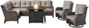 Outdoor Sectional Sofa Furniture Set with Propane Fire Pit Table, Wicker Patio Conversation Set with 2 Swivel Glider Rocker Chairs Grey Cushion Perfect for Backyard Casual Gathering by GreenHaven Gardens
