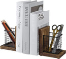 MyGift Rustic Burnt Wood Decorative Bookends for Heavy Books with Matte Black Metal Wire Basket Pencil Cup and Office Supplies Storage Baskets, 1-Pair by CozyNest Decor