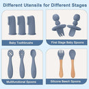 Silicone Baby Feeding Set 14 Pcs,Baby Led Weaning Supplies, Baby Spoons Suction Bowl Divided Plate Bib Cup Finger Brush,First Stage Solid Food Eating Utensils - 6+ Months(Blue Gray) by TinyTreasures Baby Boutique