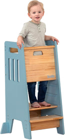 Toddler Tower with a Sliding Door and 3 Adjustable Heights - Complete Toddler Kitchen Stool Helper with Support Feet - Safe Design for 18+ Months to 6-Year-Old Kids - Blue by TinyTreasures Baby Boutique