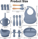 Silicone Baby Feeding Set 14 Pcs,Baby Led Weaning Supplies, Baby Spoons Suction Bowl Divided Plate Bib Cup Finger Brush,First Stage Solid Food Eating Utensils - 6+ Months(Blue Gray) by TinyTreasures Baby Boutique