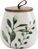 TTU Tabletops Gallery Ceramic Canister Collection- Stoneware Designed Kitchen Storage Acacia Wood White Set, 3 Piece Green Leaf Canister Set by CozyNest Decor