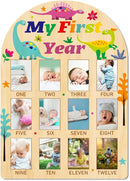 ORIGACH My First Year Baby Growth Photo Display Wood Board - 12 Months Newborn Milestones Photo Board - Neutral Baby Keepsake Board 1st Birthday Party Nursery Decor New Mom Gift - Dinosaur by TinyTreasures Baby Boutique