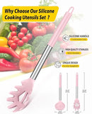 Silicone Pasta Fork and Ladle Spoon Set, Large Non Stick Kitchen Utensils for Cooking,Stirring,Serving Spaghetti, Soup, Sauce (PINK) by CozyNest Decor