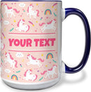 Personalized Mug for Kids - Pink Unicorn - Custom Name/Text, Ceramic Hot Chocolate/Cocoa/Coffee Cup for Girls, Birthday/Christmas/Holiday Gift - 15 oz, Navy Blue Handle by TinyTreasures Baby Boutique