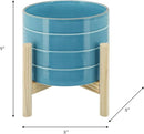 8" Ceramic Planter on Wooden Bamboo Stand - Contemporary Blue While Striped Design For Indoor or Outdoor Plants, Succulents, Cactus by GreenHaven Gardens