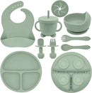 Silicone Baby Feeding Set | Baby Led Weaning Supplies Includes Suction Bowls and Divided Plates, Adjustable Bib, Baby Utensils Spoons and Forks,Cup | Baby Feeding Essentials (Light Green) by TinyTreasures Baby Boutique