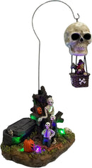 Animated Skull Balloon Ride Halloween Figurine | Spooky Town Collection Accessories with Multi-Color LED, Motion and Sound | 14.13 Inch by CozyNest Decor