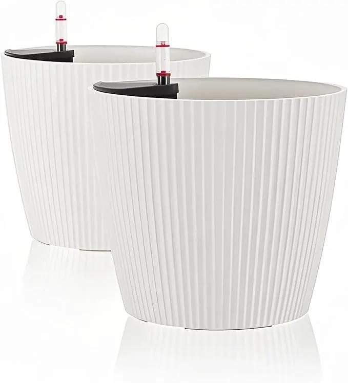 Dexceder 13x12 Self Watering Planters Indoor, Inner Mat Design, Floor Standing Flower Plant Pot with Water Level Indicator (2 Pack, White)