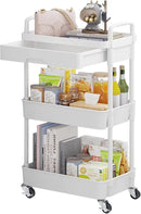 Calmootey 3-Tier Rolling Utility Cart with Drawer,Multifunctional Storage Organizer with Plastic Shelf & Metal Wheels,Storage Cart for Kitchen,Bathroom,Living Room,Office,White by CozyNest Decor