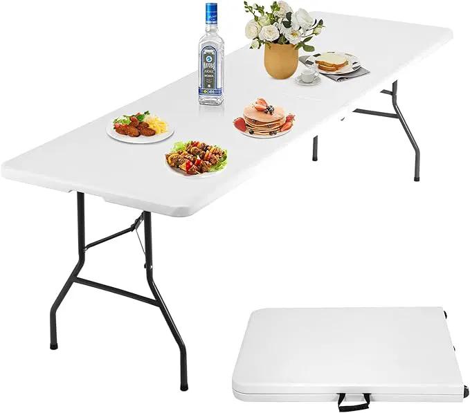 8FT Folding Table, Heavy Duty Foldable Table with Handle, Portable Fold-in-Half Utility Tables for Indoor & Outdoor Use Perfect for Camping BBQ Party Wedding Market Events, White