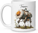 Customized Robotic Daisy Coffee Mug 11oz Or 15oz, Personalized Name On Mechanical Flower Mug, Novelty Ceramic Cup Gift For Tech Enthusiasts, Custom Nature Inspired White Mug by CozyNest Decor