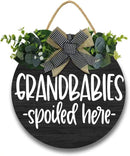 Grandbabies Spoiled Here Hanging Wall Sign for Front Door Home Kitchen Decor Rustic Wooden Round Sign Wall Decoration for Kitchen Dining Room Living Room Bedroom Outdoor by CozyNest Decor
