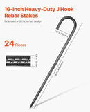 VEVOR Rebar Stakes, 16-Inch, Heavy-Duty 0.4 in Diameter J Hook, Galvanized Steel Ground Anchors with Chisel Point End & Rust-Resistant Coating, for Gardening Support, Fence, Camping Tents (24-Pack) by CozyNest Decor