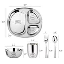 Ahimsa Stainless Steel Kids Dinnerware Set - 5 Piece Toddler Plates and Bowls Set, Pediatrician Designed, Includes Non Toxic Toddler Plate and Bowl, Kids Utensils and Cup (Classic Stainless Steel) by TinyTreasures Baby Boutique