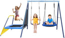 440lbs Kids Swing Set, 3-in-1 Outdoor Playground with Platform Swing, Belt Seat & 4ft Trampoline, Heavy Duty A-Frame Metal Stand & Safety Stakes, Backyard Playset for Toddlers 3-8 Years Old by TinyTreasures Baby Boutique