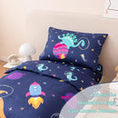 PERFEMET Toddler Bedding Set 4 Pieces Cartoon Dinosaur Planet Printed Bed in A Bag for Boys Girls Reversible Navy Blue Toddler Comforter with Sheet Set for All Season(Navy, Dinosaur/Planet/Rocket) by TinyTreasures Baby Boutique