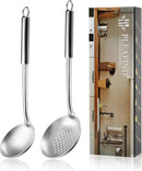 Pleafind 2-Pcs Ladle and Slotted Spoon, Soup Ladle and Strainer Spoons, Stainless Steel Cooking Spoon and Skimmer Spoons, Kitchen Utensils, Wok Utensils for Home and Restaurant, Dishwasher Safe by CozyNest Decor
