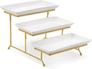 MALACASA 3 Tier Serving Trays for Party, 12 Inch Porcelain White Trays for Serving Food, Dessert Stand with Collapsible Gold Metal Rack by CozyNest Decor