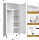 71'' Farmhouse Metal Wardrobe Cabinet with Hanging Rod, 2 Barn Door Wardrobe Closet with 5 Adjustable Shelves,Drawer,for Dining Room,Bedroom,Living Room, Cloak Room,Office (White) by CozyNest Decor