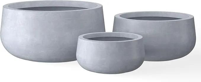 Kante 19.6",15.7",11.8" Dia Round Concrete Planters Set of 3, Cement Plant Pots with Drainage Hole and Rubber Plug for Outdoor Indoor Garden Home, Modern Curvaceous Design, Gray