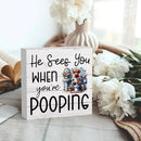 Funny Highland Cow Decor Memorial Day Fourth of July Independence Day Decorations Red White and Blue Decor, Rustic Farmhouse Home Office Wooden Box Sign for Bathroom - He Sees You When You're Pooping by CozyNest Decor