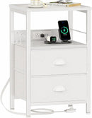 Furologee End Table with Charging Station, Nightstand with Fabric Drawers, Side Tables with USB Ports & Outlets, Night Stand with Storage Shelf & Hooks, for Living Room/Bedroom, White by CozyNest Decor
