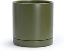 D'vine Dev 10 Inch Ceramic Planter Pot with Drainage Hole and Saucer, Indoor Cylinder Round Planter Pot, Olive, 94-O-E-J