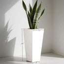 Worth Garden 28" H. Large Metal Glazed Planter Set of 2, Modern Glossy Finish White Tall Square Tapered Steel Flower Plant Pots for Indoor & Outdoor Use - Insert Plate with Drain Holes, Air Vents by CozyNest Decor