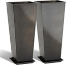 KOL 25''H. Bright Glazed Planter with Drainage Hole, Set of 2, Tall Galvanized Steel Planter Pots with Saucer for Indoor & Outdoor Use, Decorative Flower Plant Pots for Porch, Patio, Deck - Black by GreenHaven Gardens