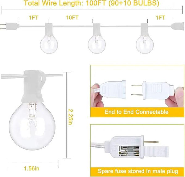 100Ft G40 Outdoor String Lights Patio Lights with 100 Edison Globe Bulbs, Connectable Outdoor String Lights Waterproof UL Listed for Indoor Porch Party Wedding Deck Balcony Wedding Party Decor- White, photo 2 of 8