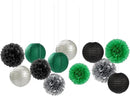 Green-Black Silver Party-Decorations Paper Flowers Lanterns - 15PCS Football Game Day Birthday Tissue Pom Poms Streamers, Bachelorette New Years Hanging Supplies Decor Hugfond by CozyNest Decor