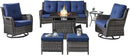 Outdoor Patio Furniture Set with Propane Fire Pit Table, 7 Pieces Wicker Patio Conversation Set with 2 Swivel Glider Rocker Chairs Rattan Sofa Blue Cushion Perfect for Casual Gathering Gray by GreenHaven Gardens