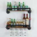 Wine Rack Wall Mounted 2 Tier, Hanging Floating Small Mini Bar Liquor Shelves with Glass Holder Storage Under, Industrial Rustic Pipe Farmhouse Kitchen Decor Black(23.6x10.6x19.7) by CozyNest Decor