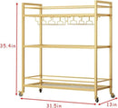 Glass Gold Bar Carts for Home with Hanging Wine Rack - Home Bar Serving Cart with 3 Mirrored Shelves, Kitchen Bar Carts, Wine Cart for Entertaining, Club Party. by CozyNest Decor