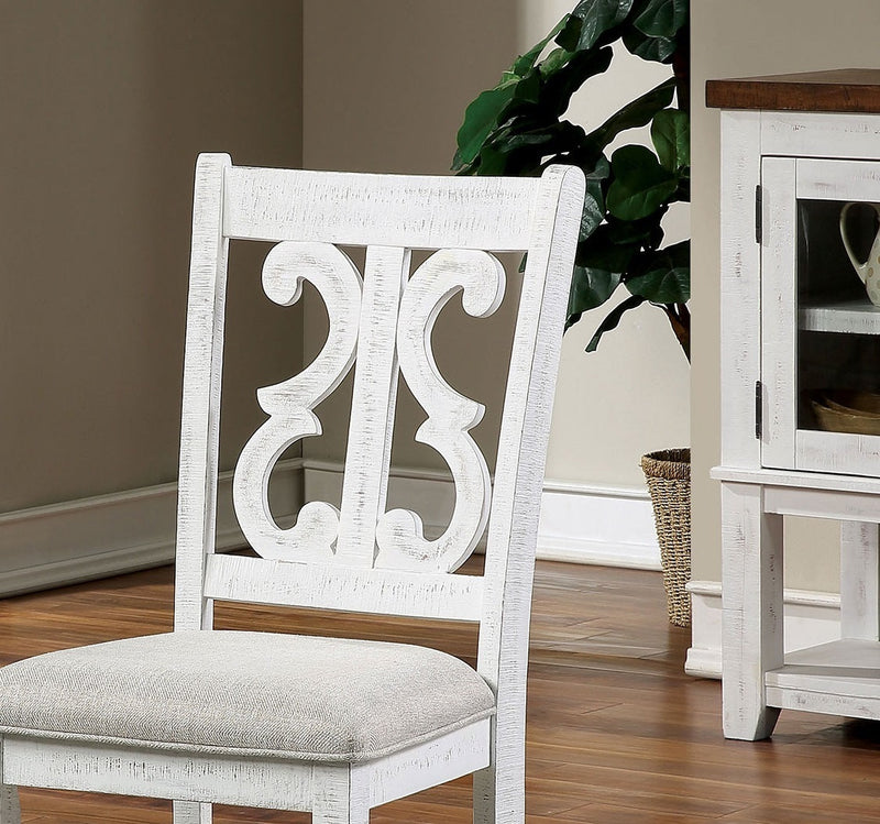 Lavish Design Distressed White 2pcs Dining Chairs Only, Gray Padded Fabric Seat Dining Room Kitchen Furniture Solid wood decorative Back