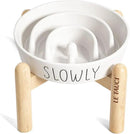 Ceramic Elevated Slow Feeder Dog Bowl - 0.6 Cup Puzzle Feeder with Wooden Stand for Small Breeds, White Pet Dish by CozyNest Decor