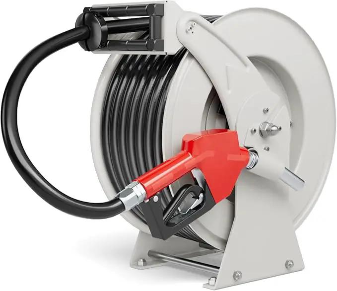Retractable Fuel Hose Reel, 3/4 in × 66 ft Rubber Hose Heavy Duty Steel Professional Spring Driven Diesel Hose Reel with Fueling Nozzle Max 300PSI Auto Rewind Quick for Ship Vehicle Tank Truck