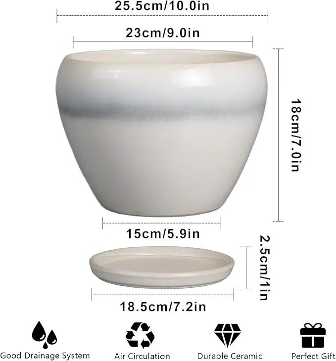 10 Inch Ceramic Planter Pot - Large Plant Pot with Drainage Hole and Saucer Round Flower Pot for Indoor Plants, White, photo 3 of 7