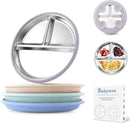 Stainless Steel Toddler Plate with Suction, 8” Divided Plates with Removable Silicone Sleeves for Baby, Non Toxic Unbreakable Kids Snack Dishes Set of 4, Sage Blue Beige Lilac by TinyTreasures Baby Boutique