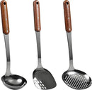 FJNATINH Stainless Steel Wok Spatula,Ladle,Skimmer Ladle Tool Set,Mirror Polished Cooking Utensils with Wooden Handle,Easy to Clean Wok Accessories,Black 3 PCS by CozyNest Decor